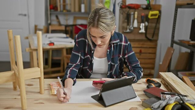 A blonde woman evaluates finances on a tablet while holding philippine pesos in a woodworking studio.