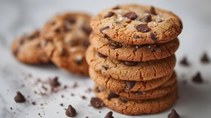 Freshly baked chocolate chip cookies stacked on a white background