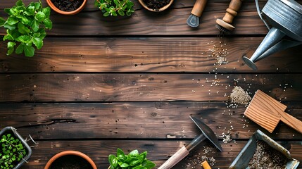 Gardening tools, watering can, seeds, plants and soil on vintage wooden table. Spring in the garden concept background with free text space.