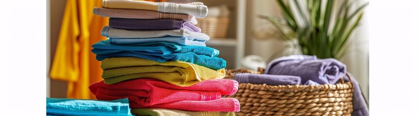 Organized Laundry: Colorful Towels Folded and Stacked for Display