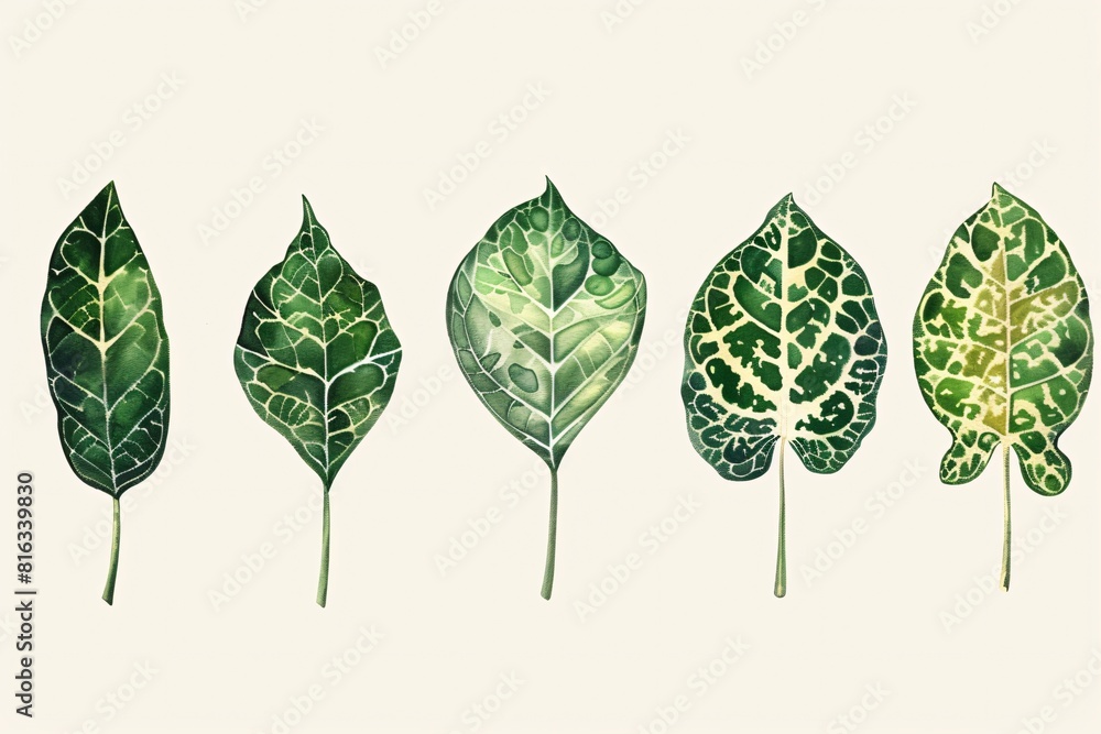 Poster a collection of five unique leaf patterns