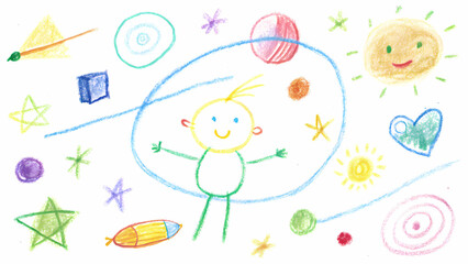 Simple objects and figures come to life through a child's playful hand-drawn artwork, showcased on a clean white background.