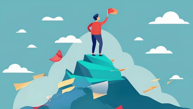 A person standing on top of a mountain of bills debunking the idea that debt is an inevitable part of adulthood.