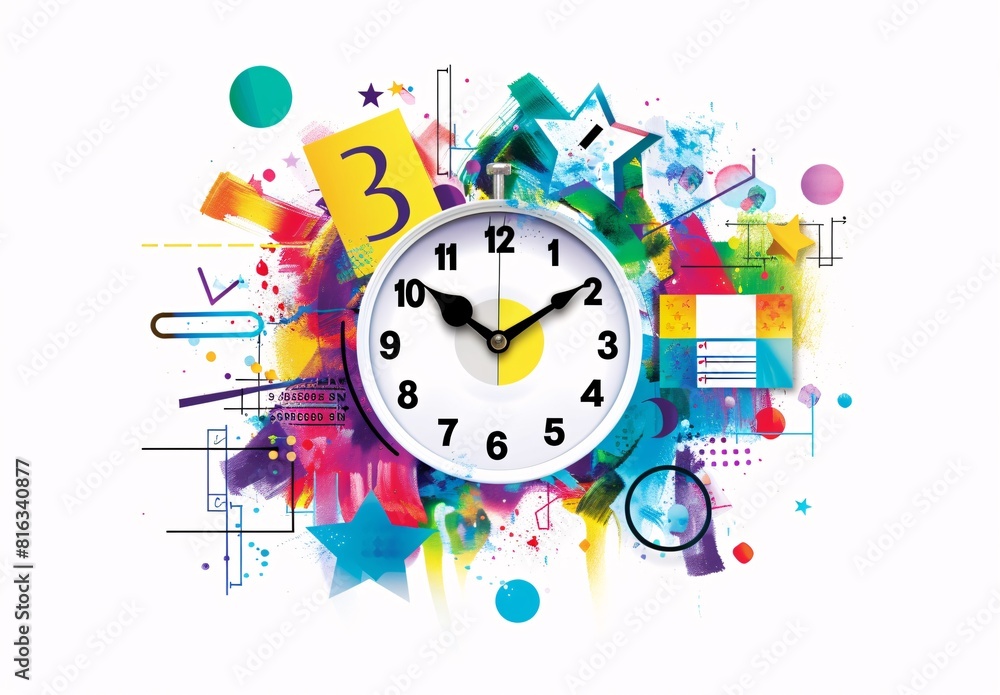 Poster Vibrant Colorful Analog Clock with Creative Elements and Background