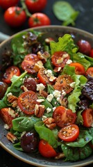 A beautiful healthy salad with goat cheese, tomatoes, and walnuts. 