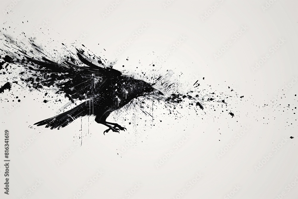 Poster silhouette of a raven in flight with splatter effects
