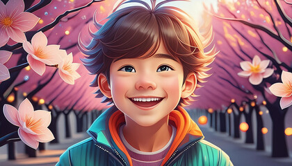 A little japanes boy on pink sakura flowers background, AI generative