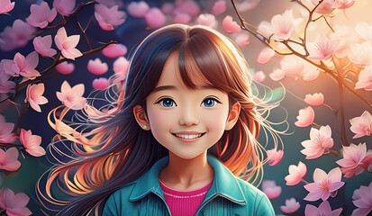 A little japanes girl on pink sakura flowers background, AI generative