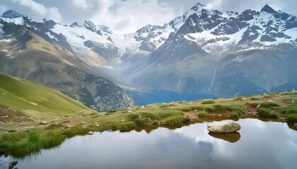 End of small lake on mountain top with valley and snow caooed on the peak background, AI generative