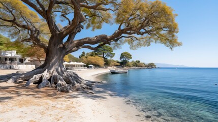 A deserted beach with white sand and clear blue water