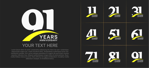 Set of Anniversary Logotype with yellow swoosh, white color can be use for special day celebration