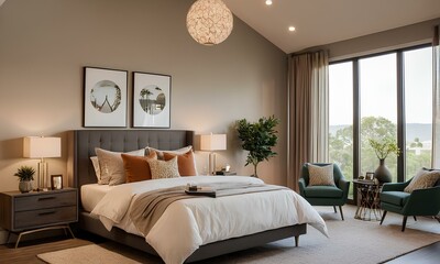 Inviting Retreat Double-Height Bedroom Elegance with Mid-Century Modern Style