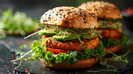 Veggie burgers with avocado and sprouts, fresh foods in minimal style