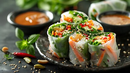 Veggie spring rolls with peanut dipping sauce, fresh foods in minimal style