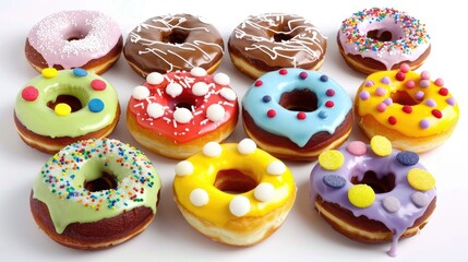 An attractive photo featuring a variety of colorful doughnuts each topped with a unique icing forming a tempting and delightful arrangement