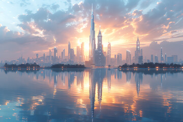 Fototapeta premium In a futuristic skyline, modern skyscrapers soar, defining the landscape of a smart city, symbolizing innovation, progress, and urban sophistication.