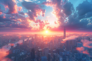 Fototapeta premium In a futuristic skyline, modern skyscrapers soar, defining the landscape of a smart city, symbolizing innovation, progress, and urban sophistication.