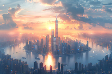 In a futuristic skyline, modern skyscrapers soar, defining the landscape of a smart city, symbolizing innovation, progress, and urban sophistication.