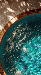 A top view of a luxurious swimming pool with a polished copper floor