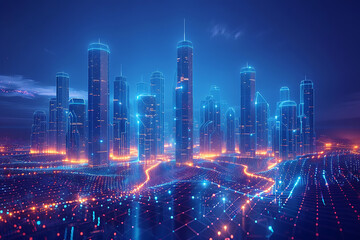 In a futuristic skyline, modern skyscrapers soar, defining the landscape of a smart city, symbolizing innovation, progress, and urban sophistication , silhouette logo in the wireframe style on a dark 