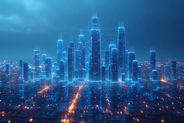 Fototapeta premium In a futuristic skyline, modern skyscrapers soar, defining the landscape of a smart city, symbolizing innovation, progress, and urban sophistication , silhouette logo in the wireframe style on a dark 