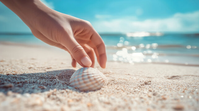 hand picking a seashell at the beach