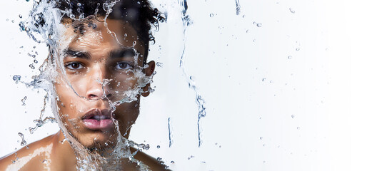 Mockup Hispanic Young Handsome Man with Splash Of Water on White Background. Cosmetics, Beauty Skincare Product Template. Refreshment. Copy Space. Horizontal. AI Generated. Health and Wellness.