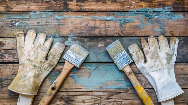 two paint scrapers and protective gloves on wood board.