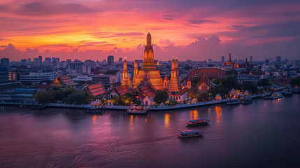 Fototapeta premium at Arun pagoda at sunset, captured from a riverside hotel overlooking the Chao Phraya River. A picturesque travel destination that encapsulates the essence of Thailand's capital city.