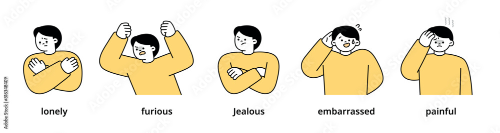 Wall mural boy upper body character expressing 5 different emotions - set 7. simple outline vector illustration