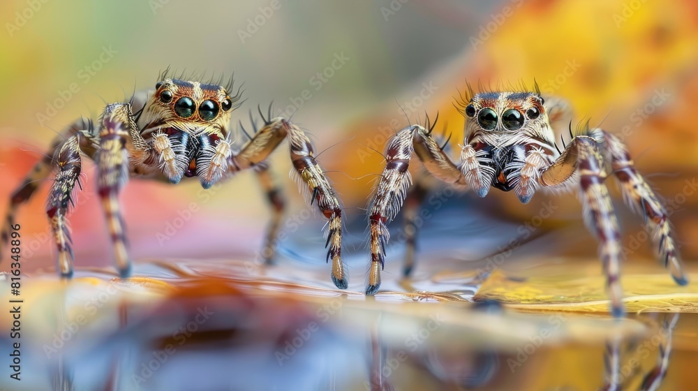 Poster close up macro shot of spiders jumping on leaves displaying intricate details