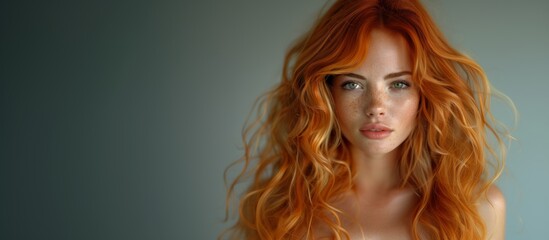 Portrait of a woman with long flowing red hair and freckles