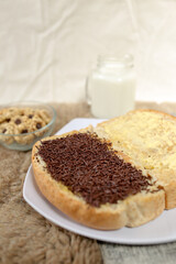 Bread with chocolate choco rice and butter with milk and snack for breakfast	
