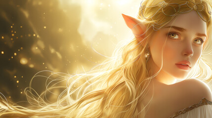 Fototapeta premium Golden Light: Enchanting Elf in a Mystical Realm.