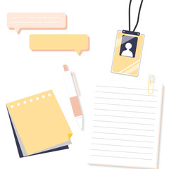 인터뷰 관련 오브젝트(노트, 말풍선, 펜, 출입증)