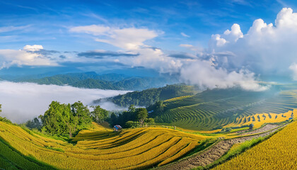 Fototapeta premium Beautiful rice terrace on the mountains in harvest season, in the fog and sunlight, AI generative