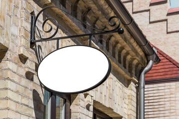 Blank White Mockup Of Restaurant Street Vintage Signboard On An Old Yellow Brick Wall