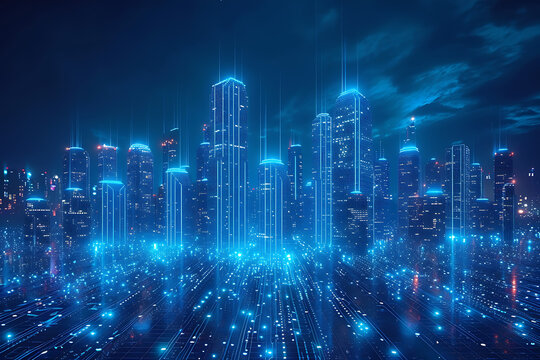 In a futuristic skyline, modern skyscrapers soar, defining the landscape of a smart city, symbolizing innovation, progress, and urban sophistication