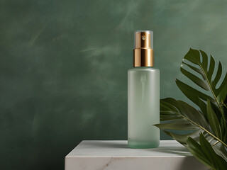 Blank cosmetic container mockup on sage green background with tropical leaves around. Concept of relaxation and self care. Generative AI.