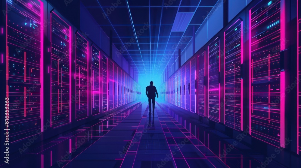 Poster man standing in server room of large data center. computer engineering and big data concept