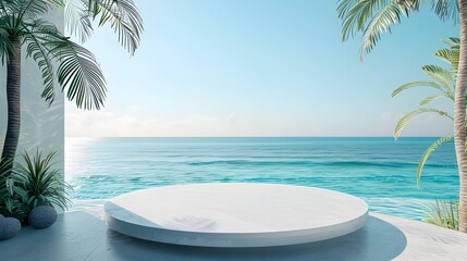 Fototapeta premium Serene Summer Beach Backdrop with Elevated Podium for Product Display and Ocean Scenery