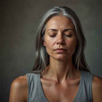 A woman with prematurely grey hair and closed eyes appears to be meditating against a neutral backdrop.