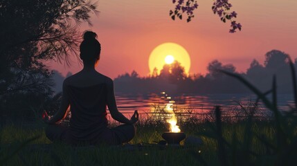 meditation, calm. woman practicing yoga at sunset,
