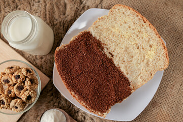 Bread with choco and butter on a plate for breakfast	