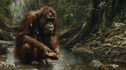 Naklejka premium An elderly orangutan sitting serenely by a riverbank, peeling fruit, surrounded by the rich, verdant forest environment, Close up