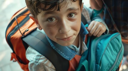 An emotional goodbye as an orphan boy packs his few belongings into a backpack, preparing to leave the orphanage for a new home, Close up