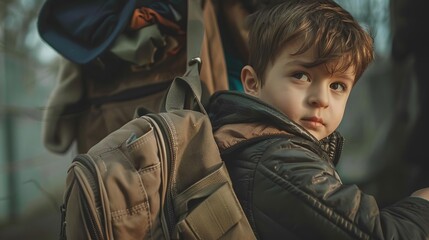 An emotional goodbye as an orphan boy packs his few belongings into a backpack, preparing to leave the orphanage for a new home, Close up