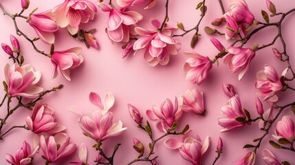 Pink magnolia blossoms arrangement on a pink backdrop Background for weddings or Mother s Day Flat...