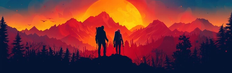 Mountain Hiking Silhouette with Sunrise/Sunset Panorama - Adventure Couple in Wildlife Landscape - Vector Illustration Logo Icon