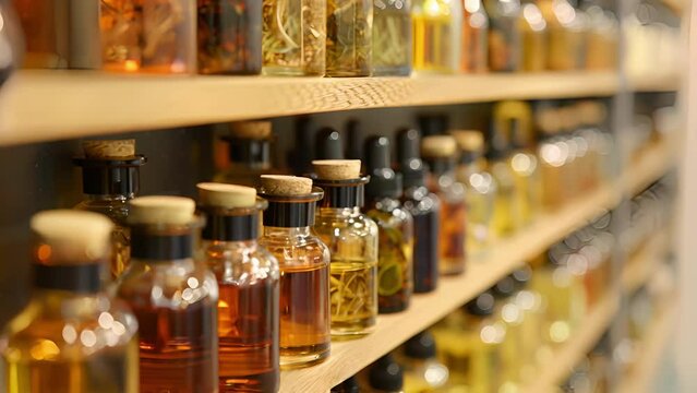 Shelves filled with unassuming bottles hold precious and unique essential oils that the perfumer uses to craft each scent.